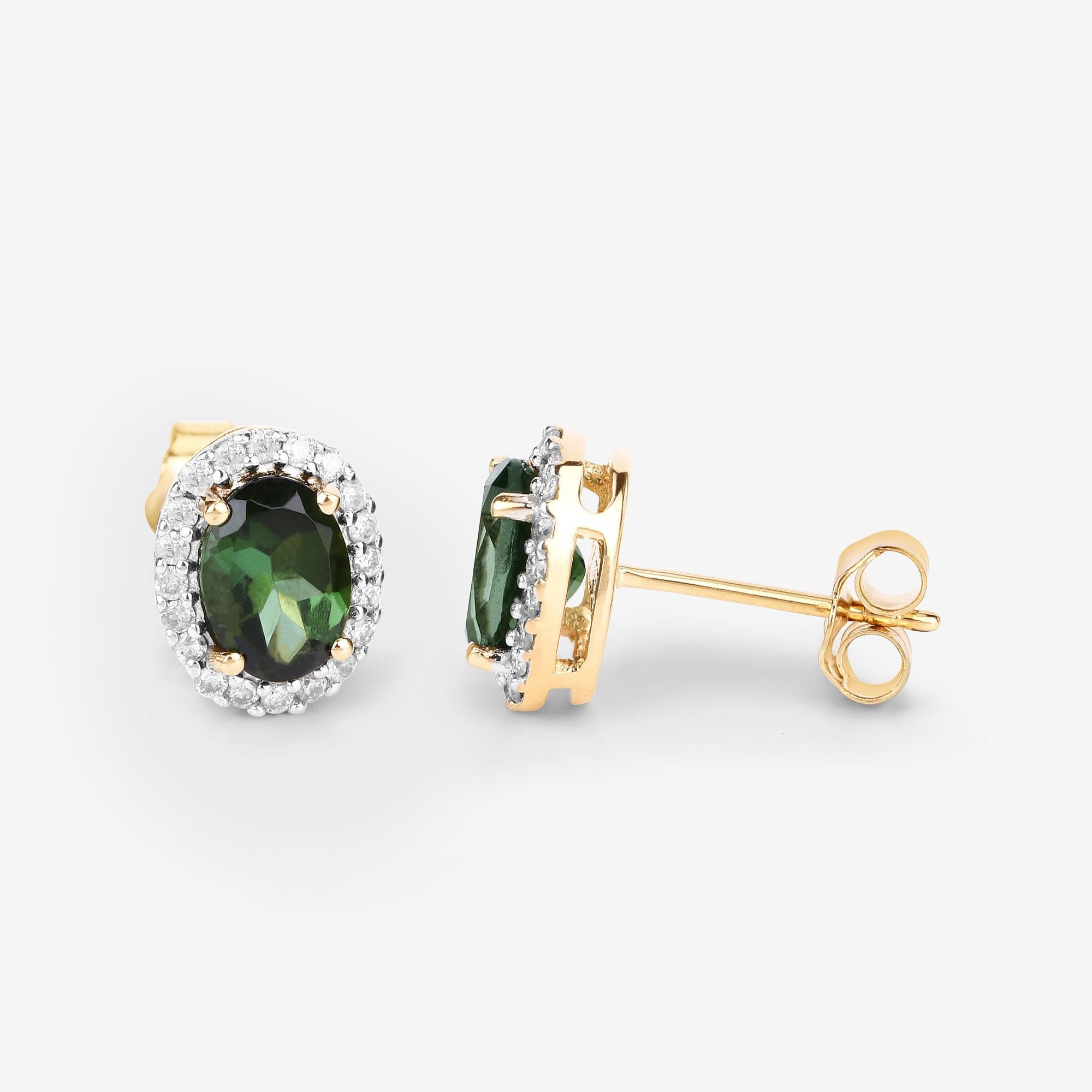 Oval Cut Natural Green Tourmaline and Diamond Halo Earrings 2 Carats 14k Yellow Gold For Sale
