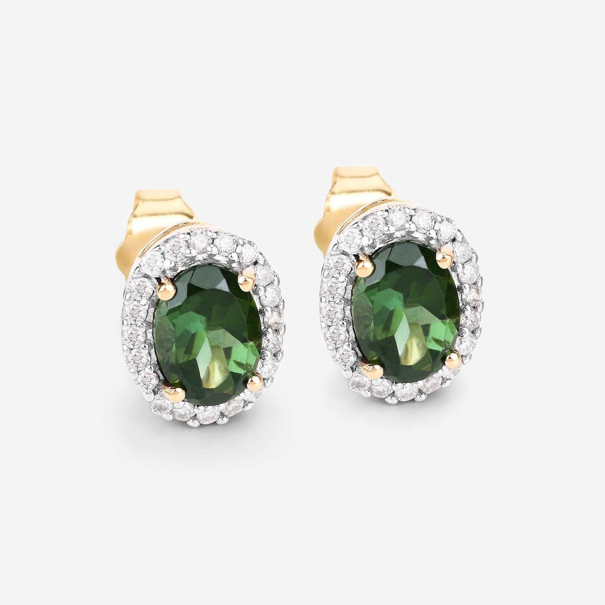 Contemporary Natural Green Tourmaline and Diamond Halo Earrings 2 Carats 14k Yellow Gold For Sale