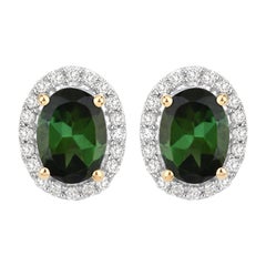 Natürlicher grüner Turmalin und Diamant-Halo-Ohrringe 2 Karat 14K Gelbgold