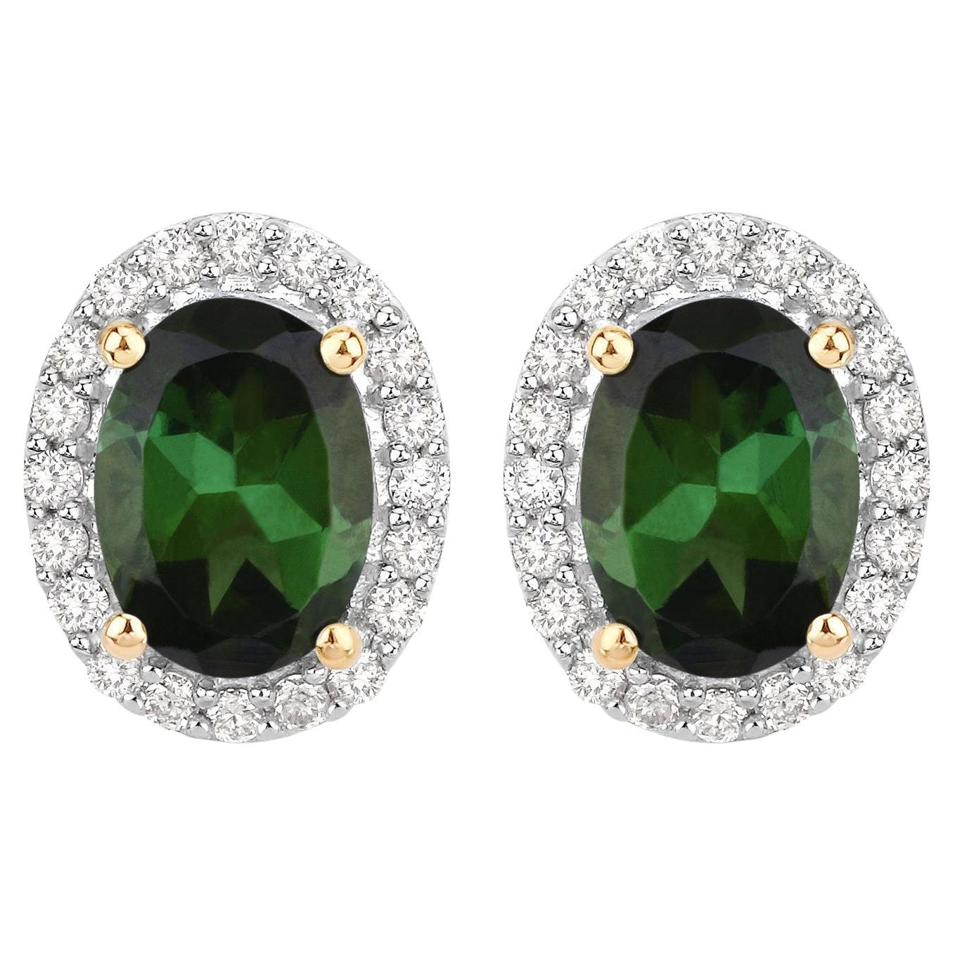 Natural Green Tourmaline and Diamond Halo Earrings 2 Carats 14k Yellow Gold For Sale