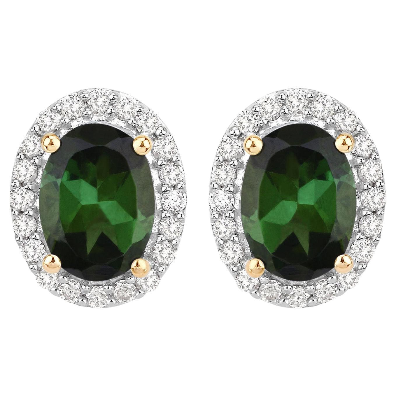 Boucles d'oreilles en or jaune 14 carats avec tourmaline verte naturelle et halo de diamants de 2 carats