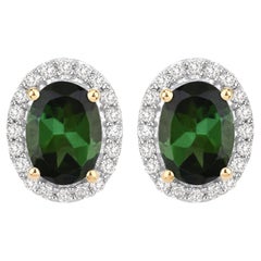 Natural Green Tourmaline and Diamond Halo Earrings 2 Carats 14k Yellow Gold