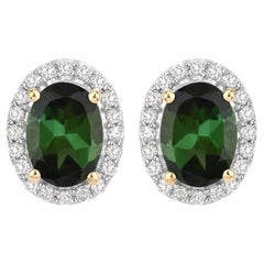 Boucles d'oreilles en or jaune 14 carats avec tourmaline verte naturelle et halo de diamants de 2 carats
