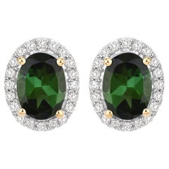 Boucles d'oreilles en or jaune 14 carats avec tourmaline verte naturelle et halo de diamants de 2 carats