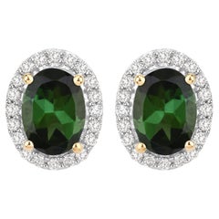 Boucles d'oreilles en or jaune 14 carats avec tourmaline verte naturelle et halo de diamants de 2 carats