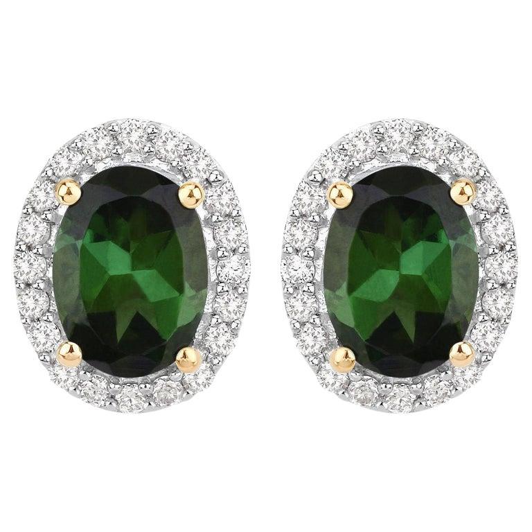 Orecchini a cerchio con tormalina verde naturale e diamanti 2 carati in oro giallo 14k in vendita