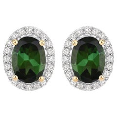 Natural Green Tourmaline and Diamond Halo Earrings 2 Carats 14k Yellow Gold