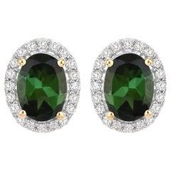 Natural Green Tourmaline and Diamond Halo Earrings 2 Carats 14k Yellow Gold