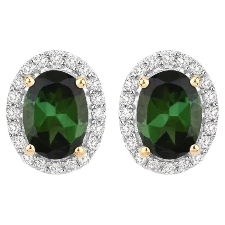 Orecchini a cerchio con tormalina verde naturale e diamanti 2 carati in oro giallo 14k