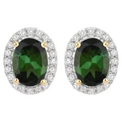 Natural Green Tourmaline and Diamond Halo Earrings 2 Carats 14k Yellow Gold