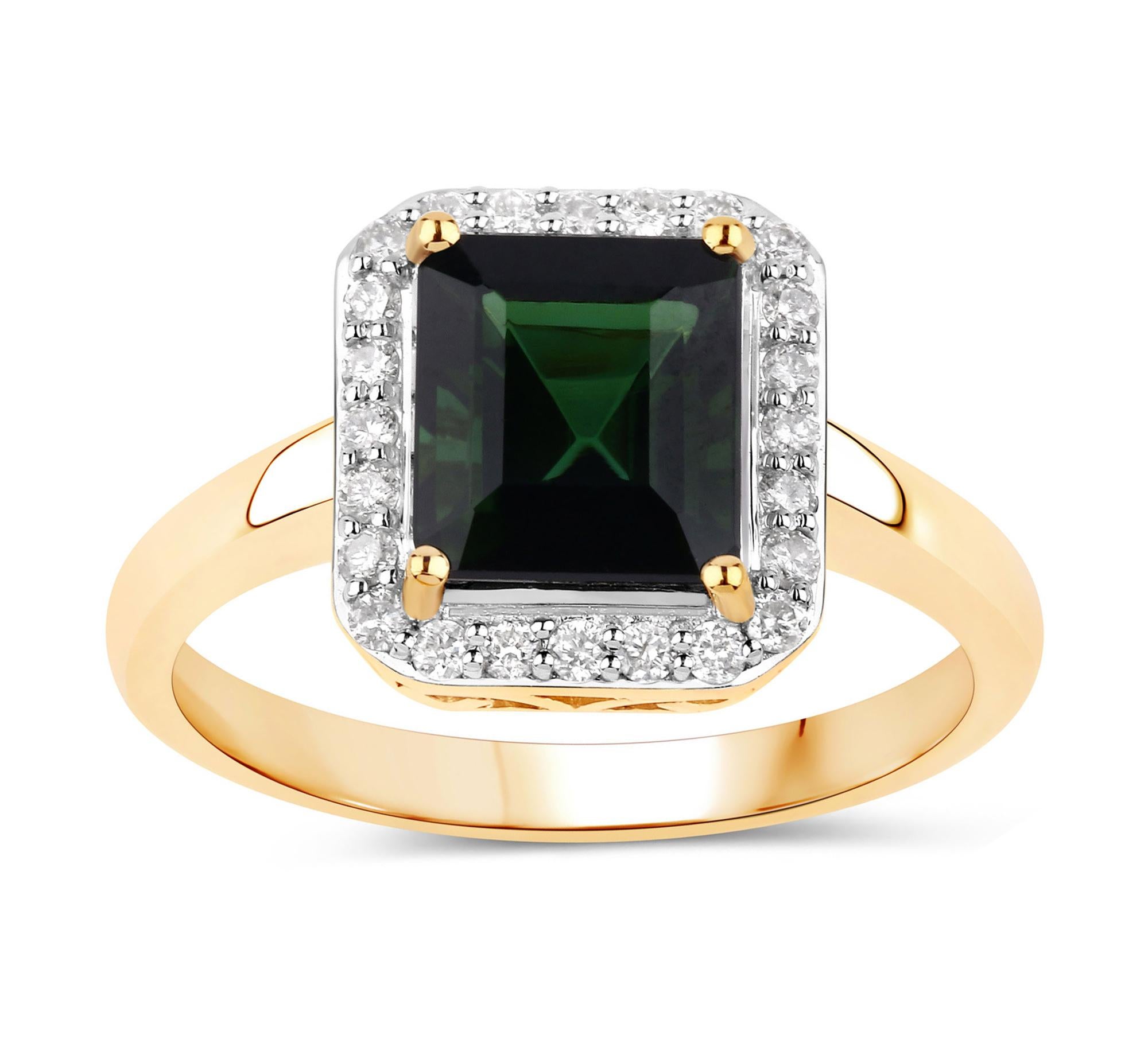 Emerald Cut Natural Green Tourmaline and Diamond Halo Ring 3 Carats 14k Yellow Gold For Sale