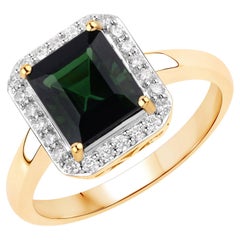 natürlicher grüner Turmalin und Diamant-Halo-Ring 3 Karat 14K Gelbgold