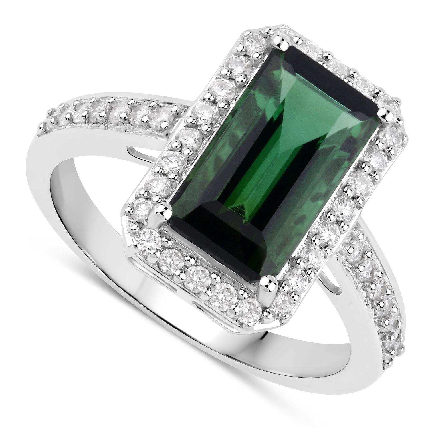 Emerald Cut Natural Green Tourmaline and Diamond Halo Ring 3.05 Carats 14k White Gold For Sale