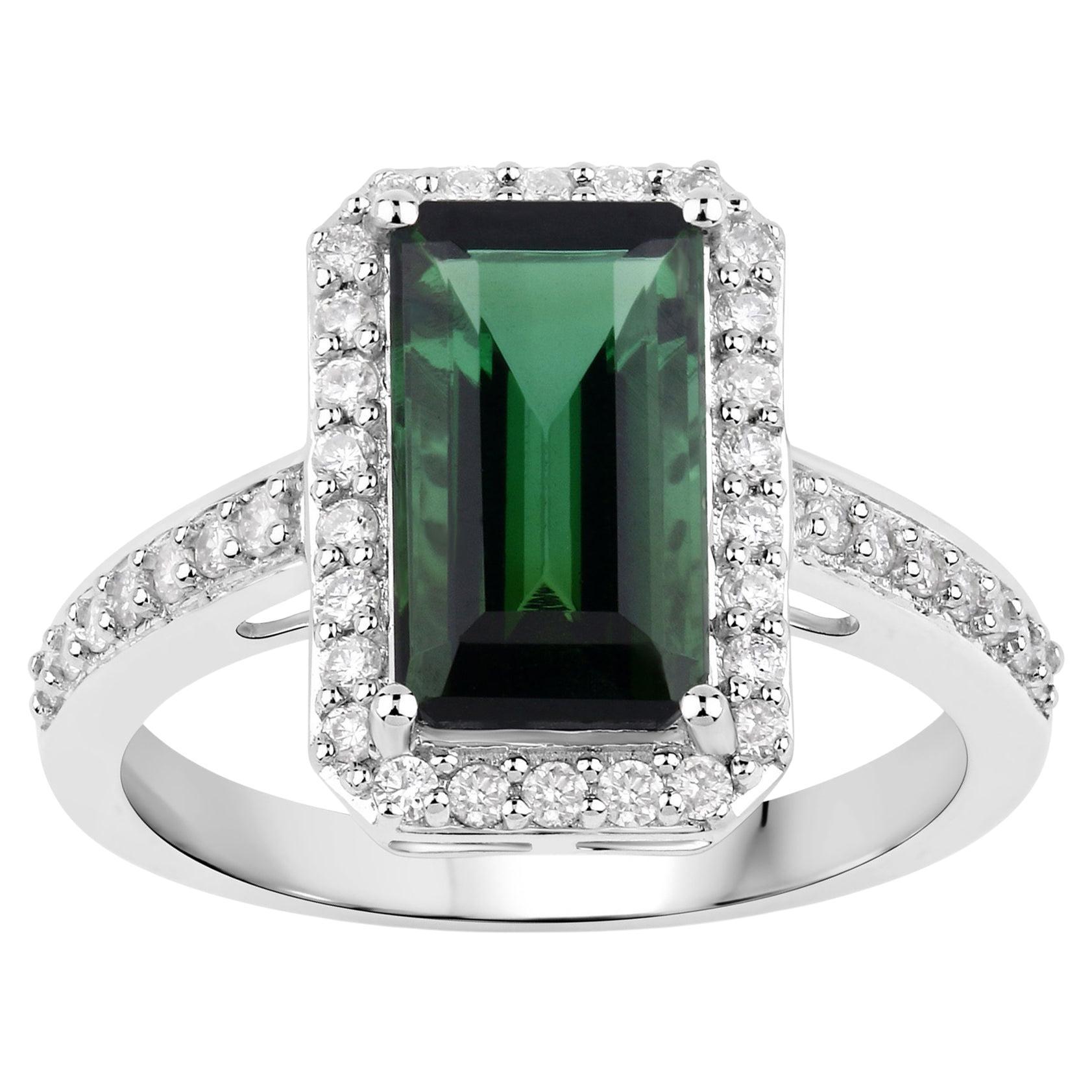 Natural Green Tourmaline and Diamond Halo Ring 3.05 Carats 14k White Gold For Sale