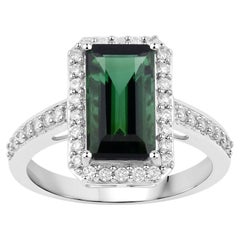 Natürlicher grüner Turmalin und Diamant Halo-Ring 3,05 Karat 14k Weißgold
