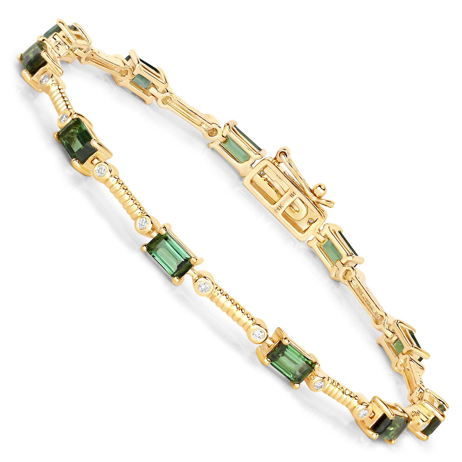 Women's or Men's Natural Green Tourmaline and Diamond Link Bracelet 3.25 Carats 14k Yellow Gold For Sale