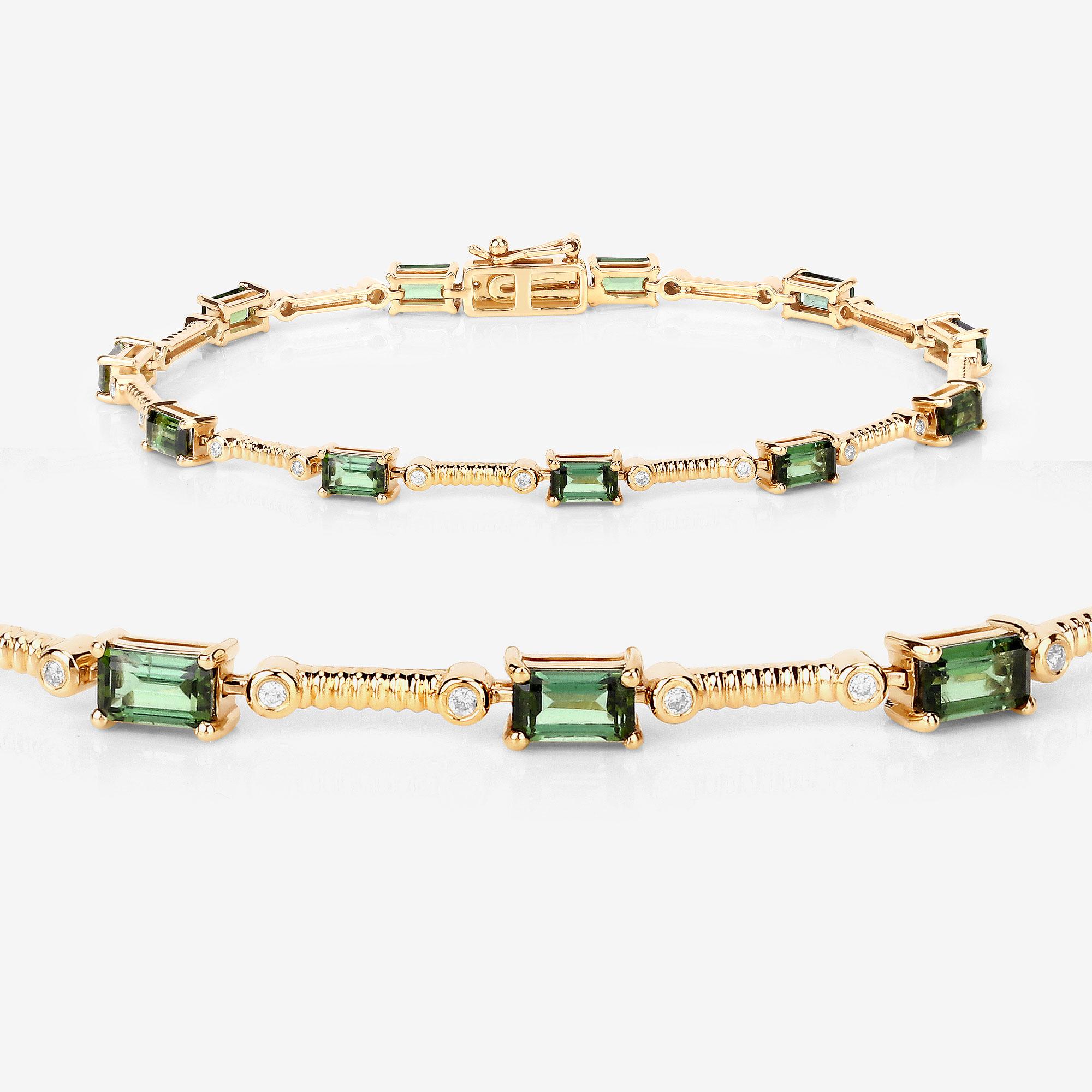 Emerald Cut Natural Green Tourmaline and Diamond Link Bracelet 3.25 Carats 14k Yellow Gold For Sale
