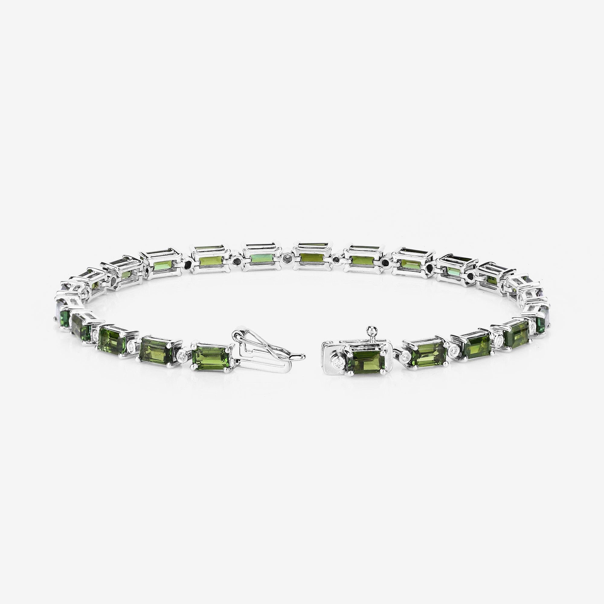 Emerald Cut Natural Green Tourmaline and Diamond Tennis Bracelet 7.50 Carats 14k White Gold For Sale