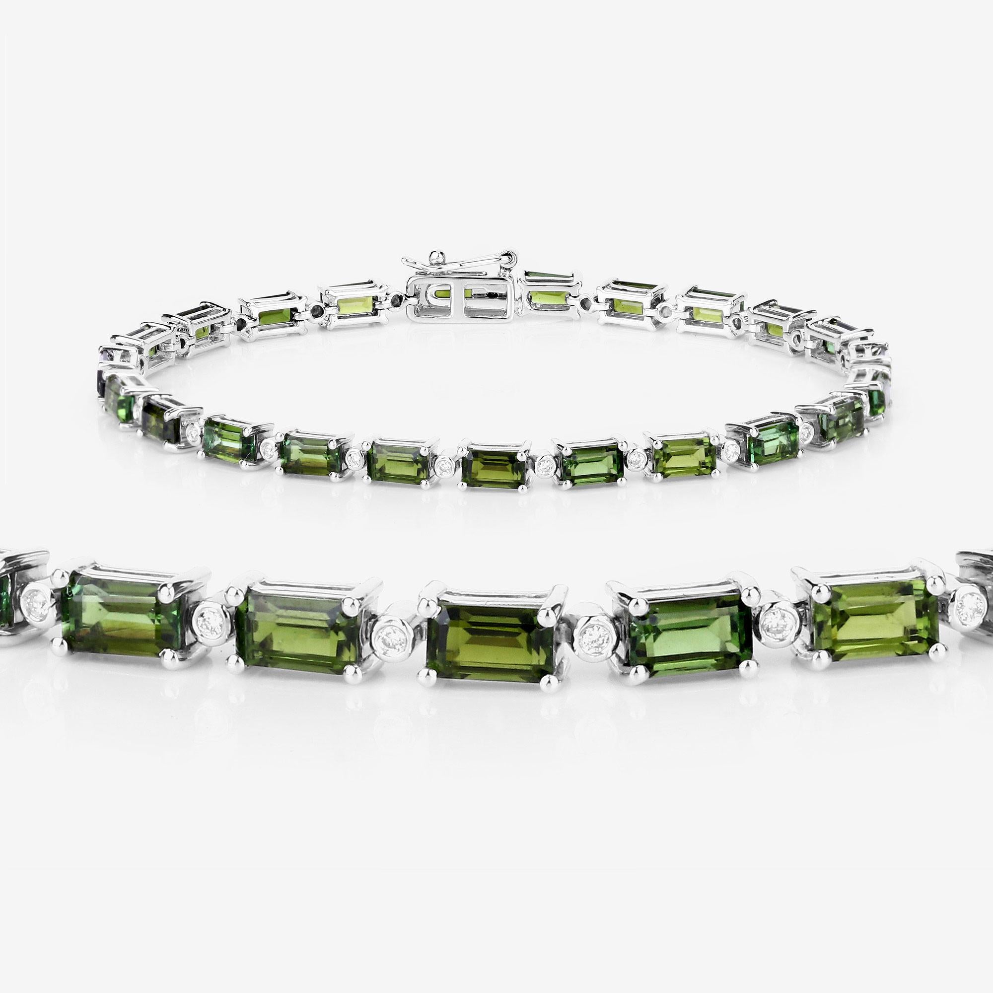Contemporary Natural Green Tourmaline and Diamond Tennis Bracelet 7.50 Carats 14k White Gold For Sale