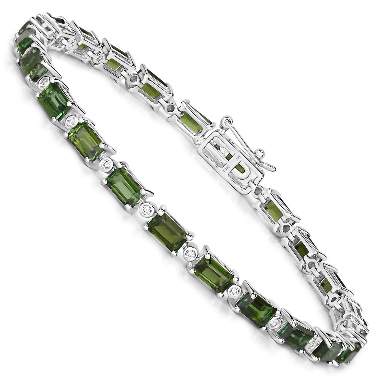 Women's or Men's Natural Green Tourmaline and Diamond Tennis Bracelet 7.50 Carats 14k White Gold For Sale