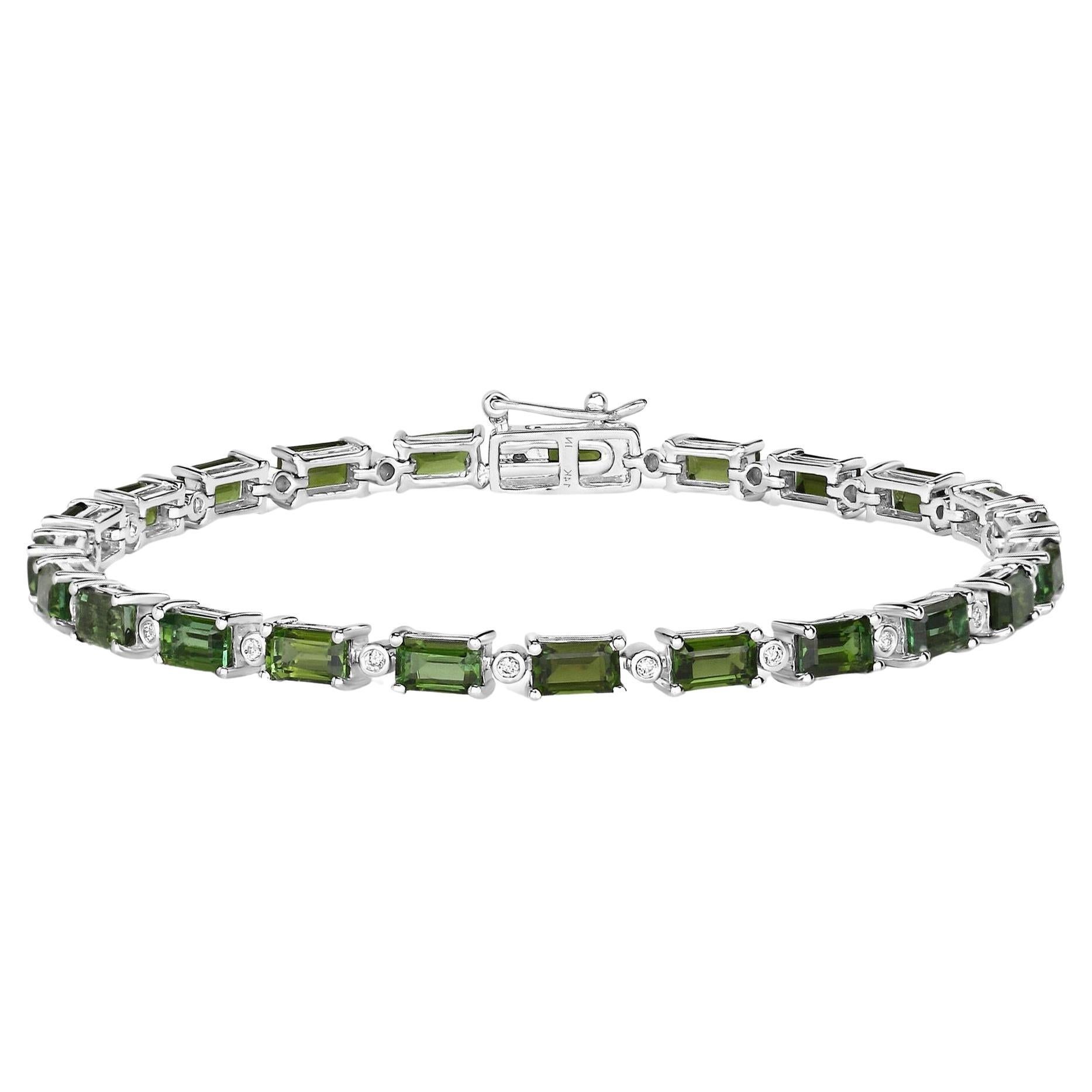 Natural Green Tourmaline and Diamond Tennis Bracelet 7.50 Carats 14k White Gold For Sale