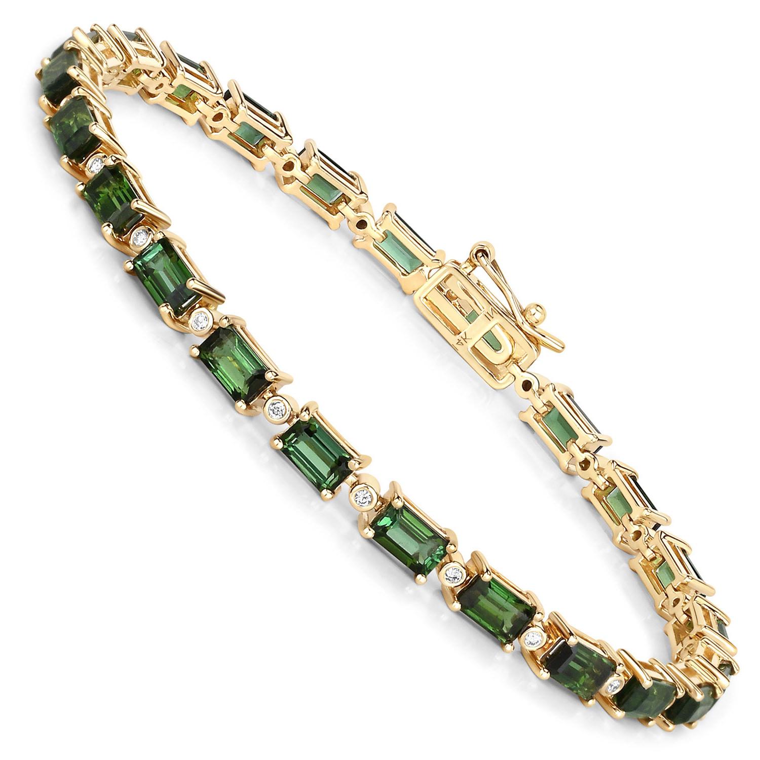 Modern Natural Green Tourmaline and Diamond Tennis Bracelet 7.50 Carats 14k Yellow Gold For Sale