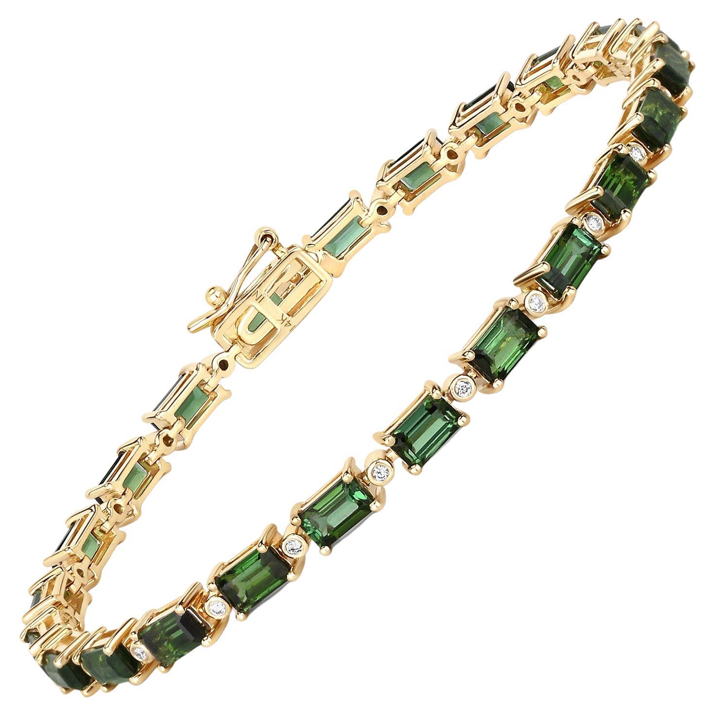 Modern Natural Green Tourmaline and Diamond Tennis Bracelet 7.50 Carats 14k Yellow Gold For Sale