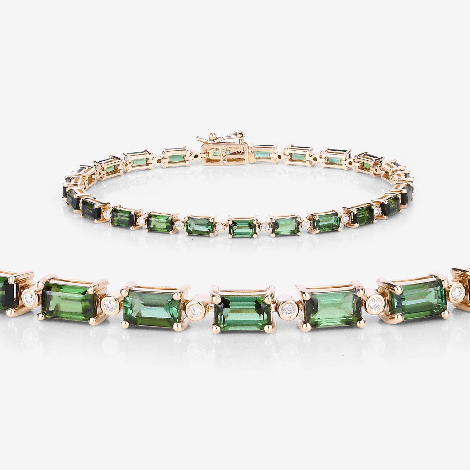 Emerald Cut Natural Green Tourmaline and Diamond Tennis Bracelet 7.50 Carats 14k Yellow Gold For Sale