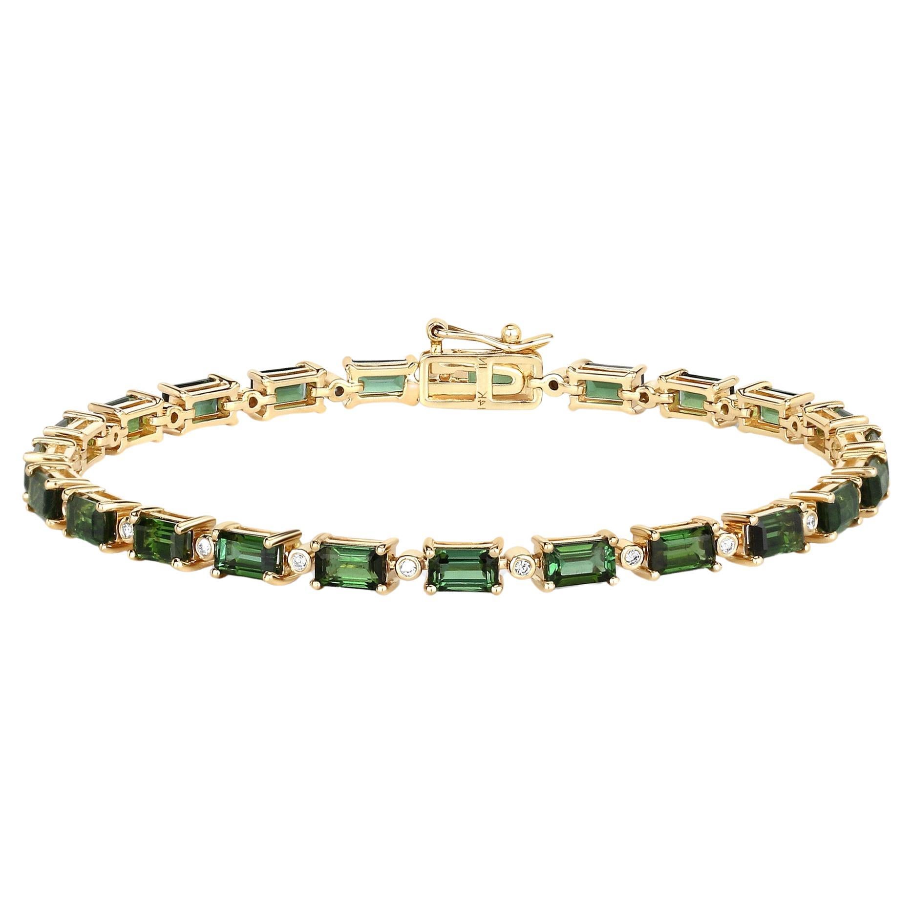Bracelet tennis en or jaune 14 carats avec tourmaline verte naturelle et diamants de 7,50 carats