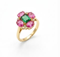 Natural Green Tourmaline, Diamond, & Pink Sapphire Ring in 18k Gold