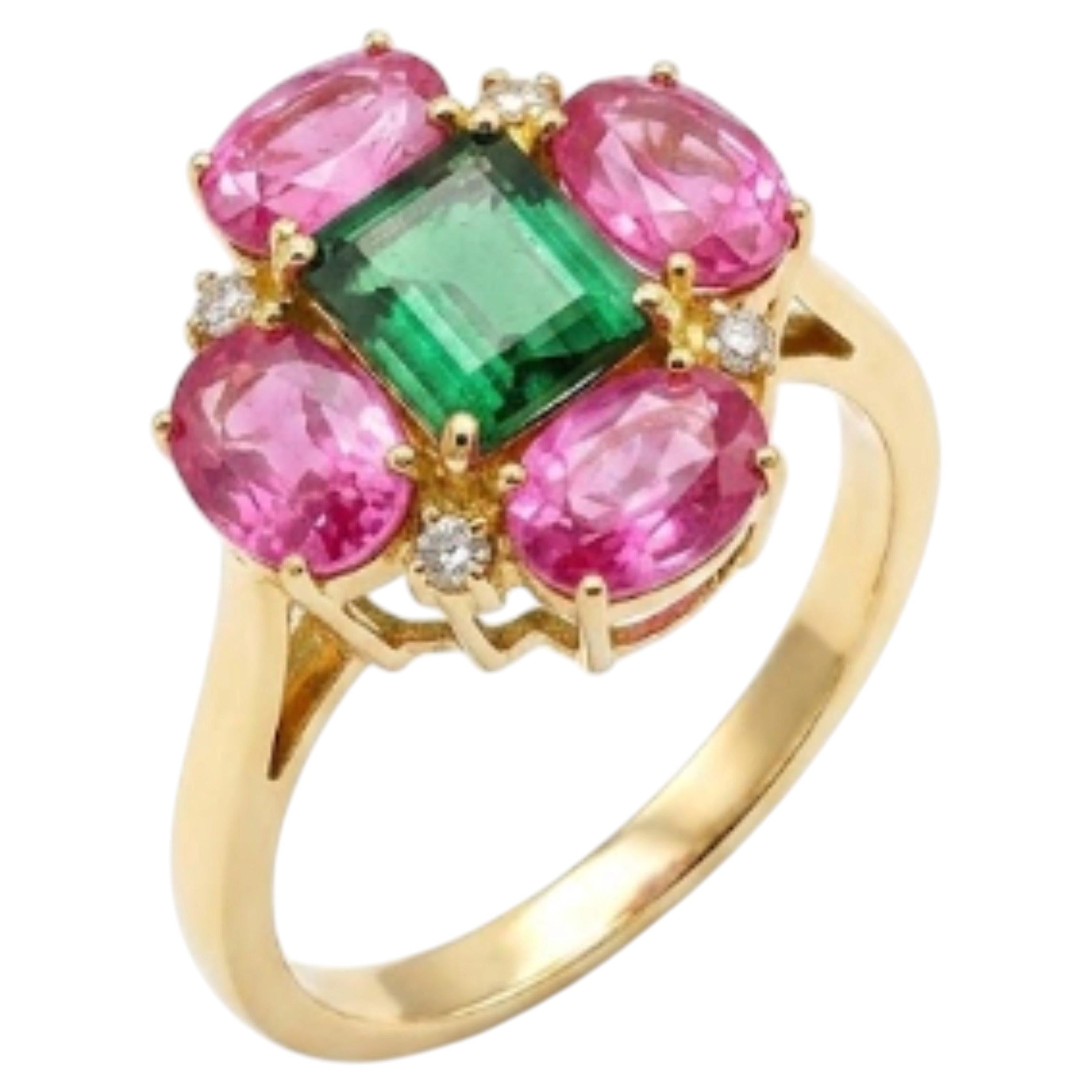 Natural Green Tourmaline, Diamond, & Pink Sapphire Ring in 18k Gold