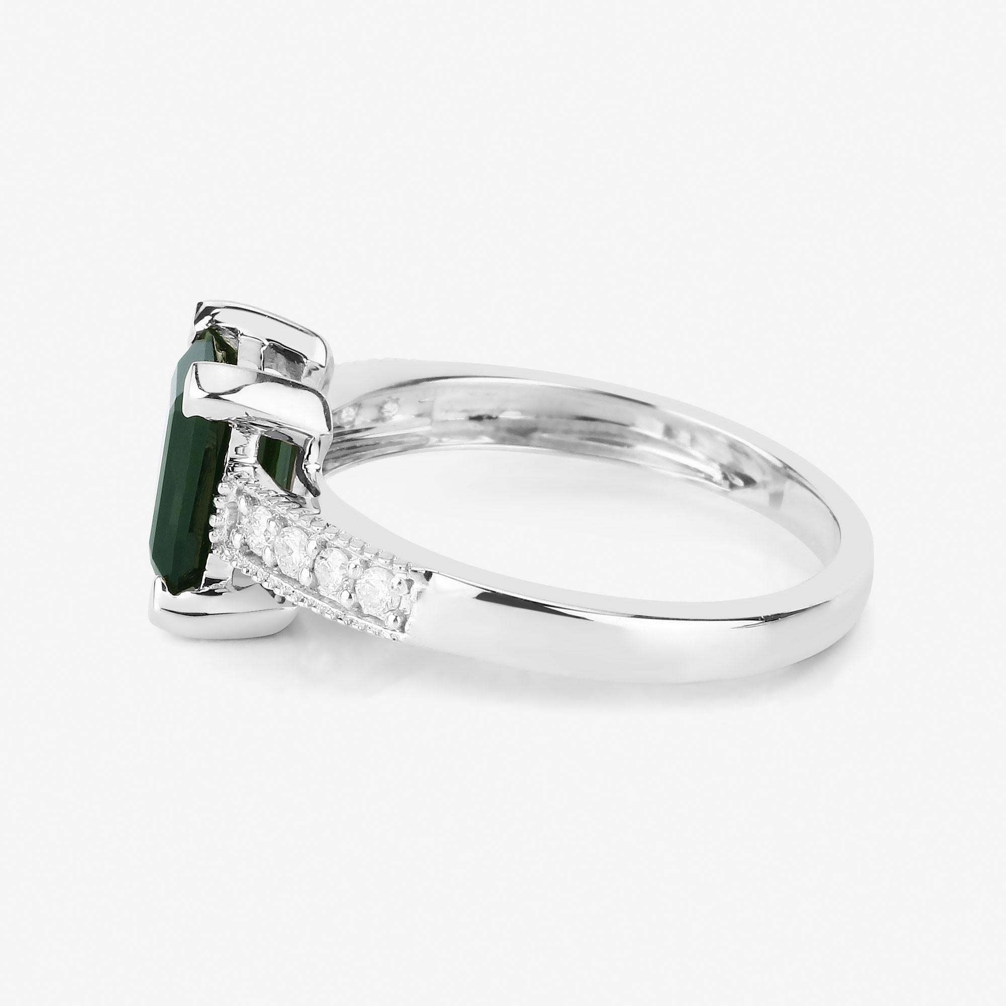 Emerald Cut Natural Green Tourmaline & Diamond Ring 1.90 Carats 14k White Gold For Sale