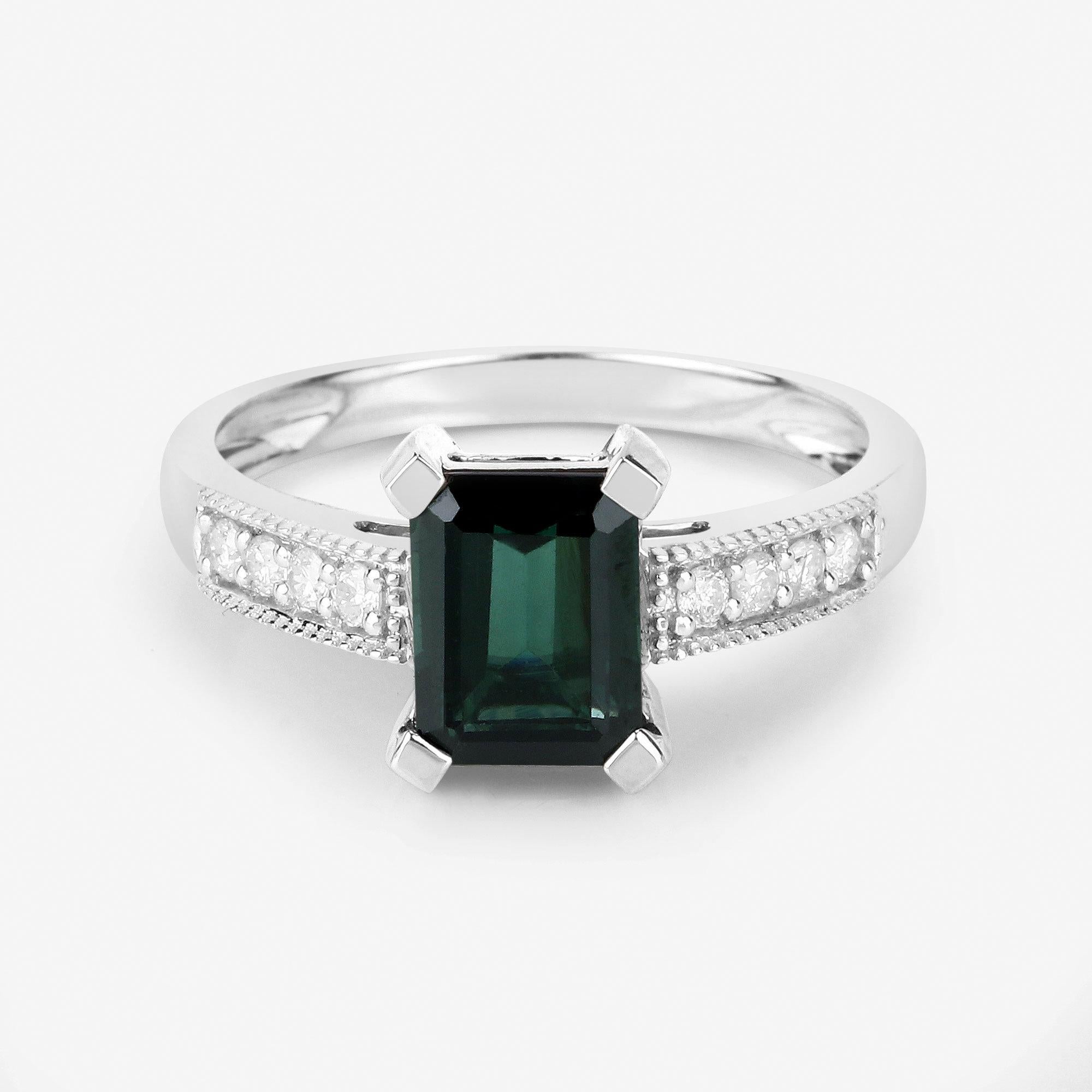 Women's or Men's Natural Green Tourmaline & Diamond Ring 1.90 Carats 14k White Gold For Sale