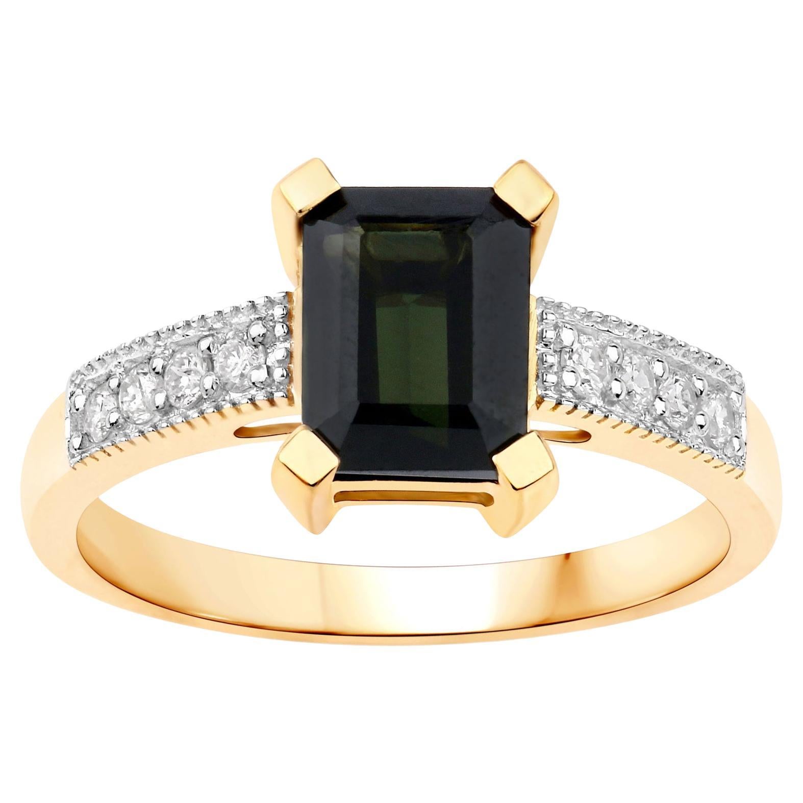 Natural Green Tourmaline & Diamond Ring 1.90 Carats 14k Yellow Gold For Sale