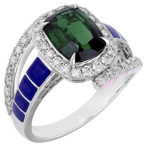 Anillo de diamantes de turmalina verde natural en oro de 18 quilates en venta