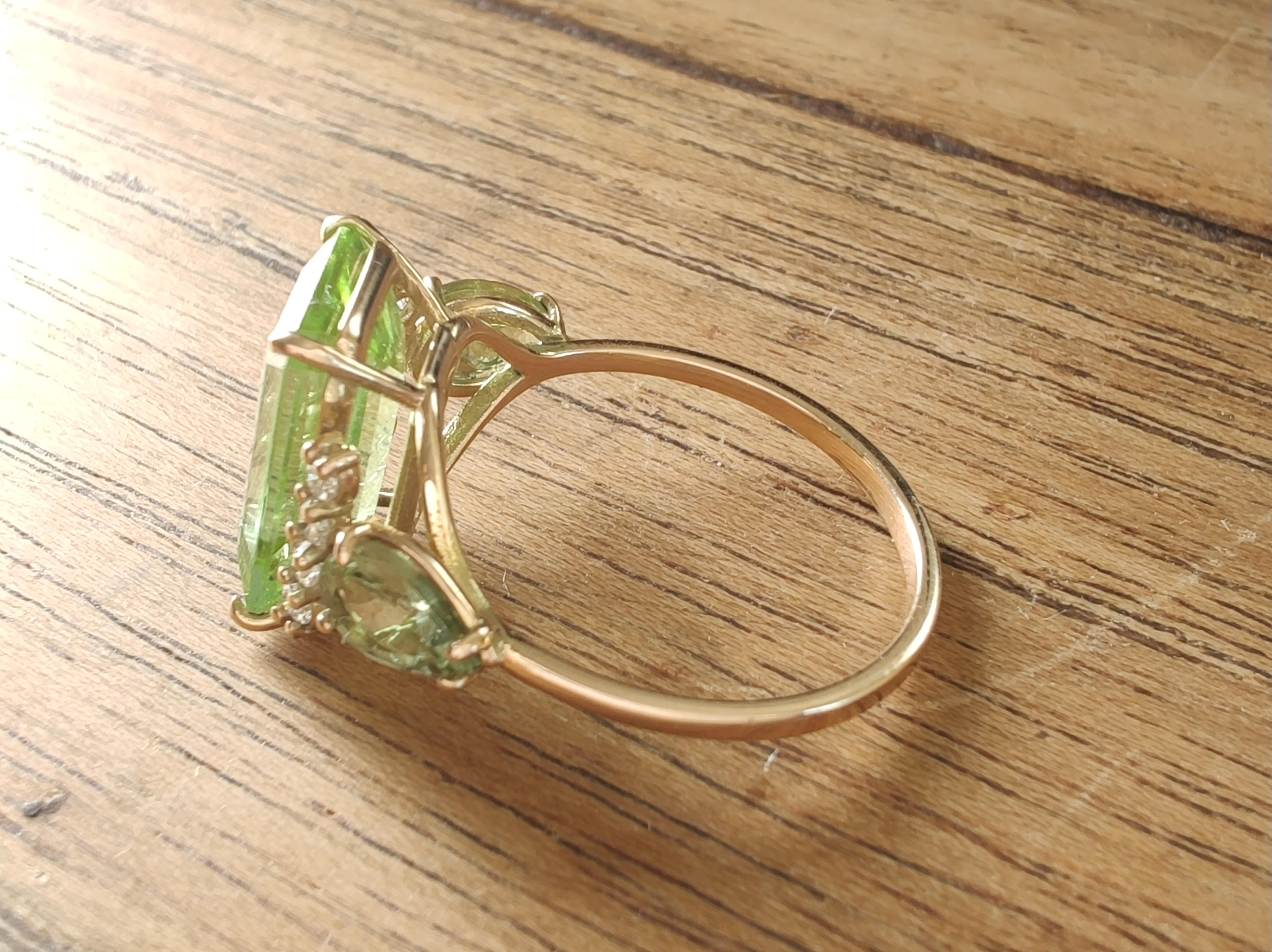 Natural Green Tourmaline Diamond Women's Ring in 14K Gold – Handmade Ring Gift For Sale 6
