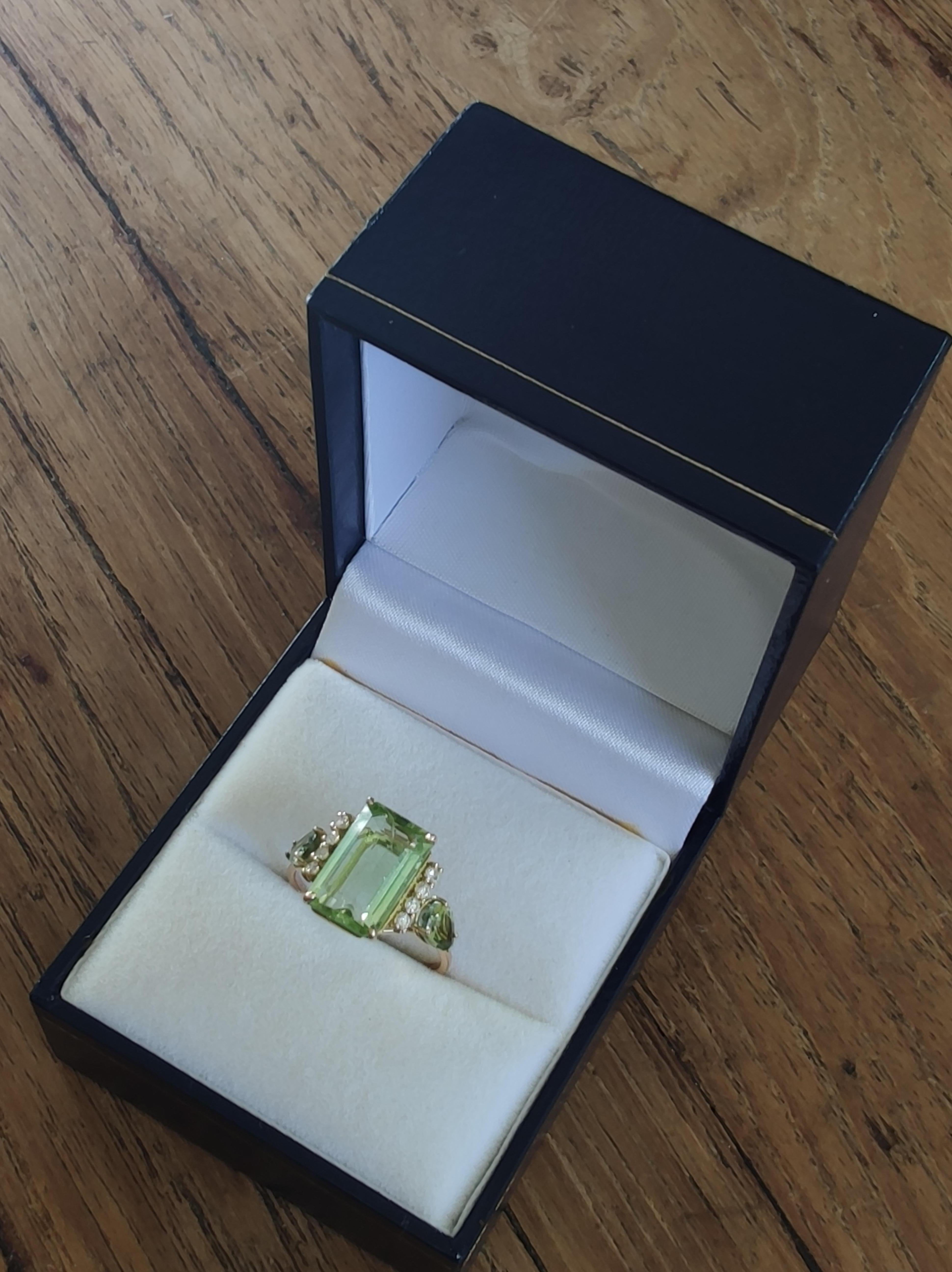 Natural Green Tourmaline Diamond Women's Ring in 14K Gold – Handmade Ring Gift For Sale 7