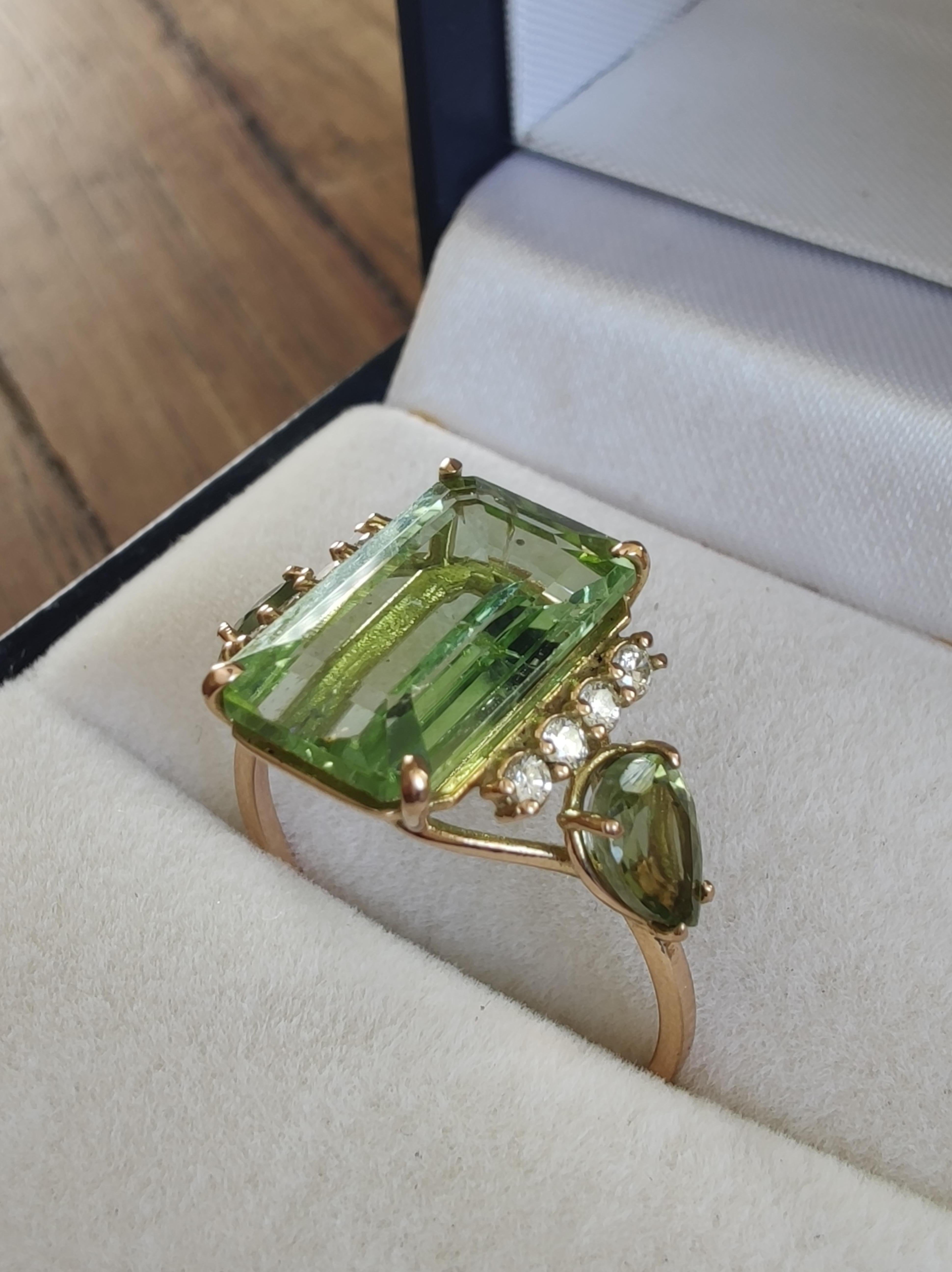Natural Green Tourmaline Diamond Women's Ring in 14K Gold – Handmade Ring Gift For Sale 8
