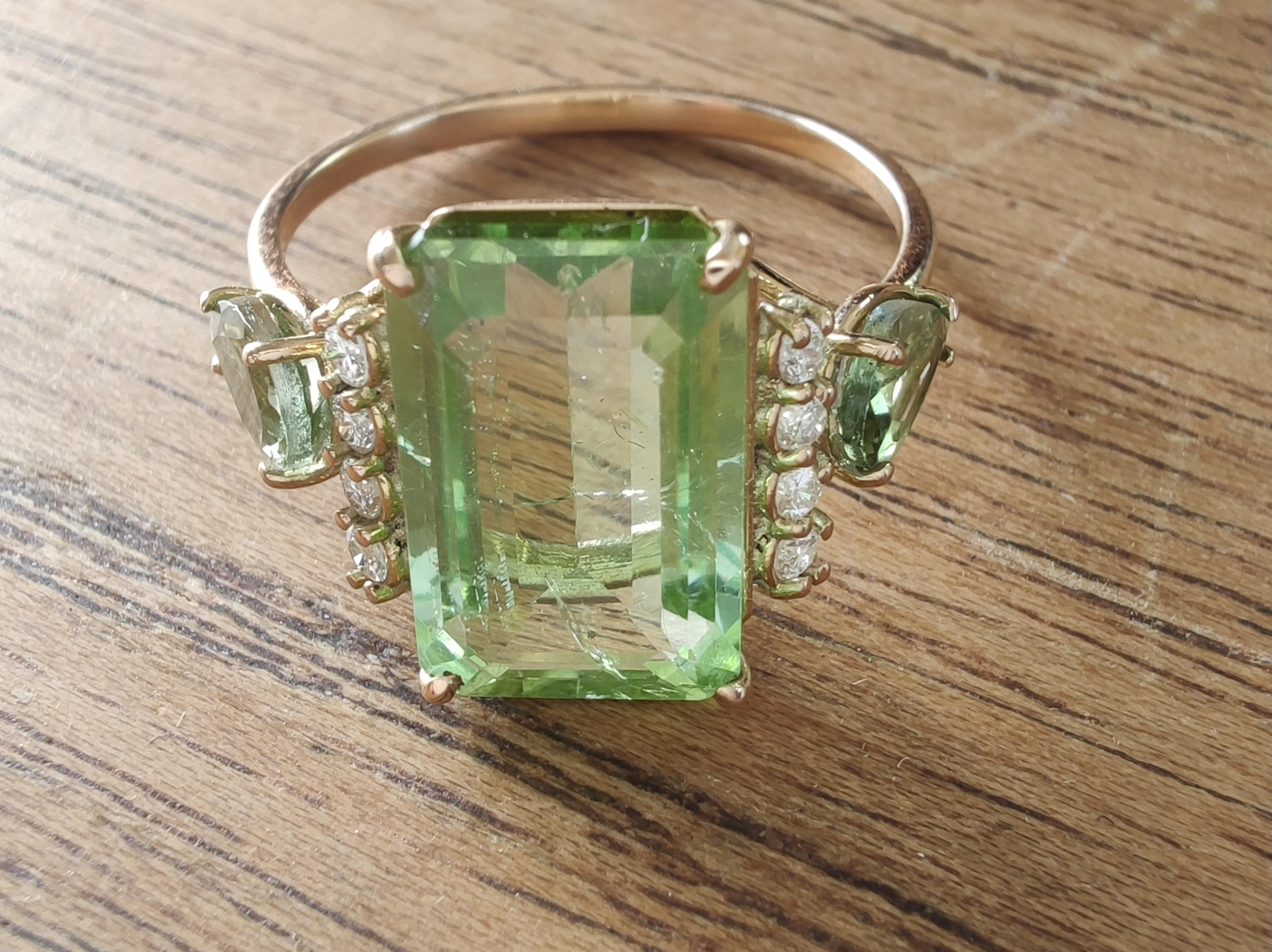 Natural Green Tourmaline Diamond Women's Ring in 14K Gold – Handmade Ring Gift For Sale 2