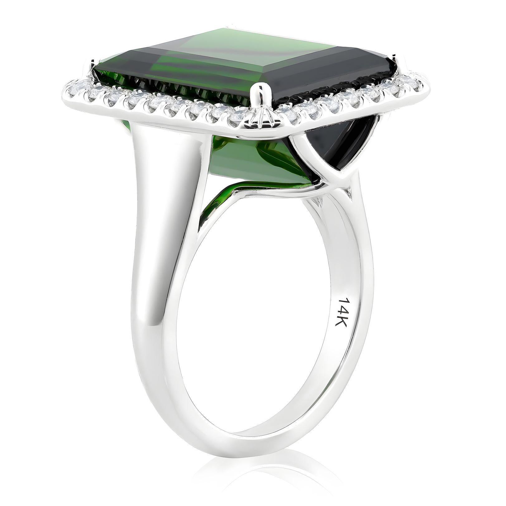 Mixed Cut Natural Green Tourmaline Gemstone 16.90 cts in 14K White Gold Ring with Diamonds For Sale