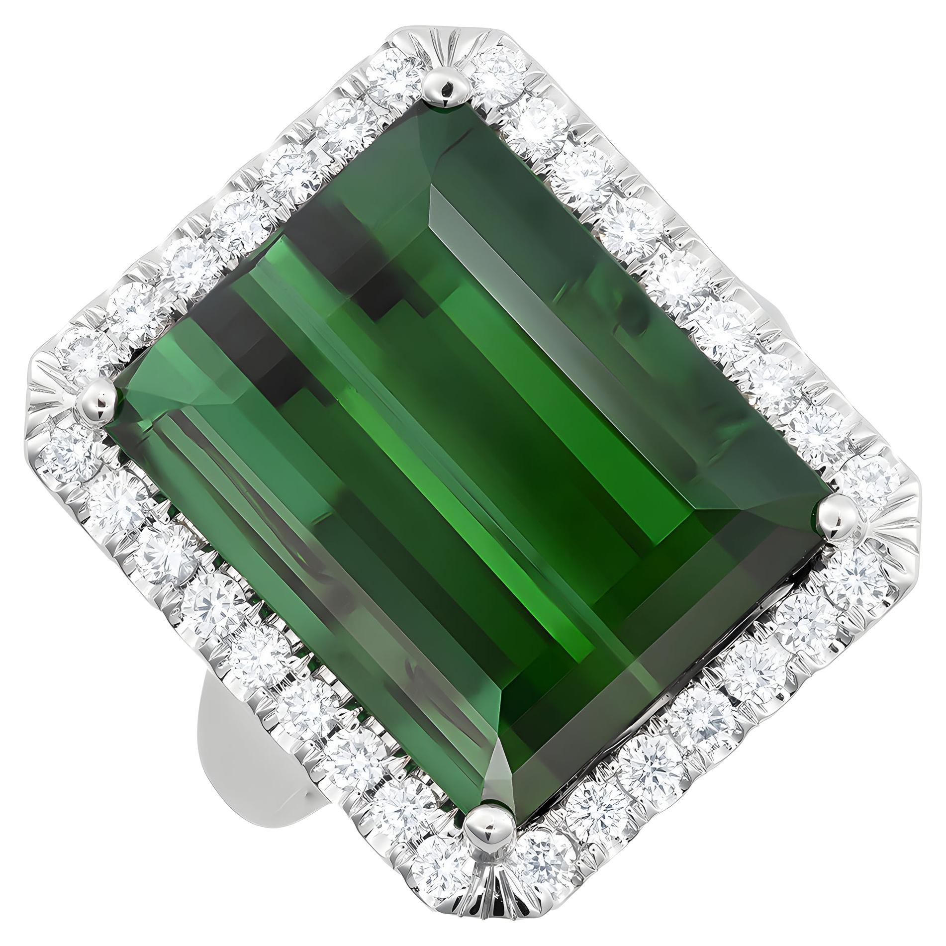 Natural Green Tourmaline Gemstone 16.90 cts in 14K White Gold Ring with Diamonds