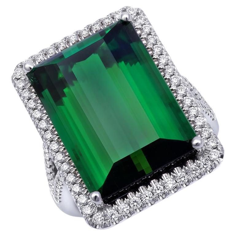 Natural Green Tourmaline Gemstone 19.64 cts in 14K White Gold Ring with Diamonds