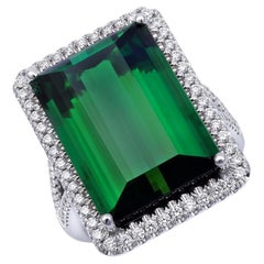 Gema Turmalina Verde Natural 19,64 cts en Anillo de Oro Blanco de 14K con Diamantes