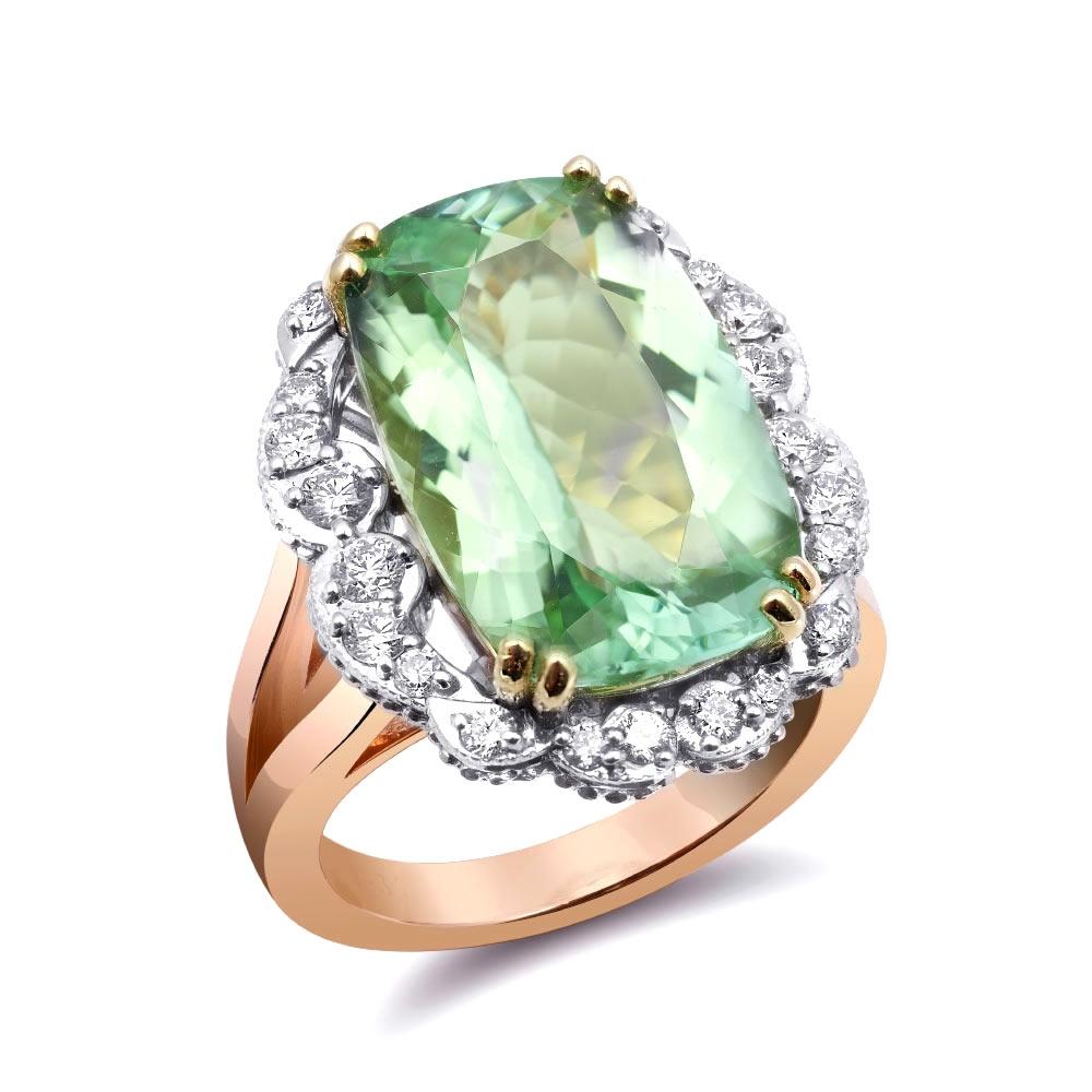 Discover the stunning allure of natural Namibian tourmaline with this exceptional 14K tri-color gold ring. Featuring a unique blend of rose, white, and yellow gold, this ring is complemented by dazzling diamonds, showcasing the harmonious fusion of