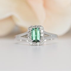 Natural Green Tourmaline Ring, White Gold, Emerald Cut