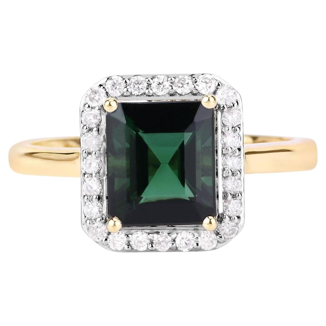 Natural Green Tourmaline Ring With Diamonds 2.98 Carats 14K Yellow Gold