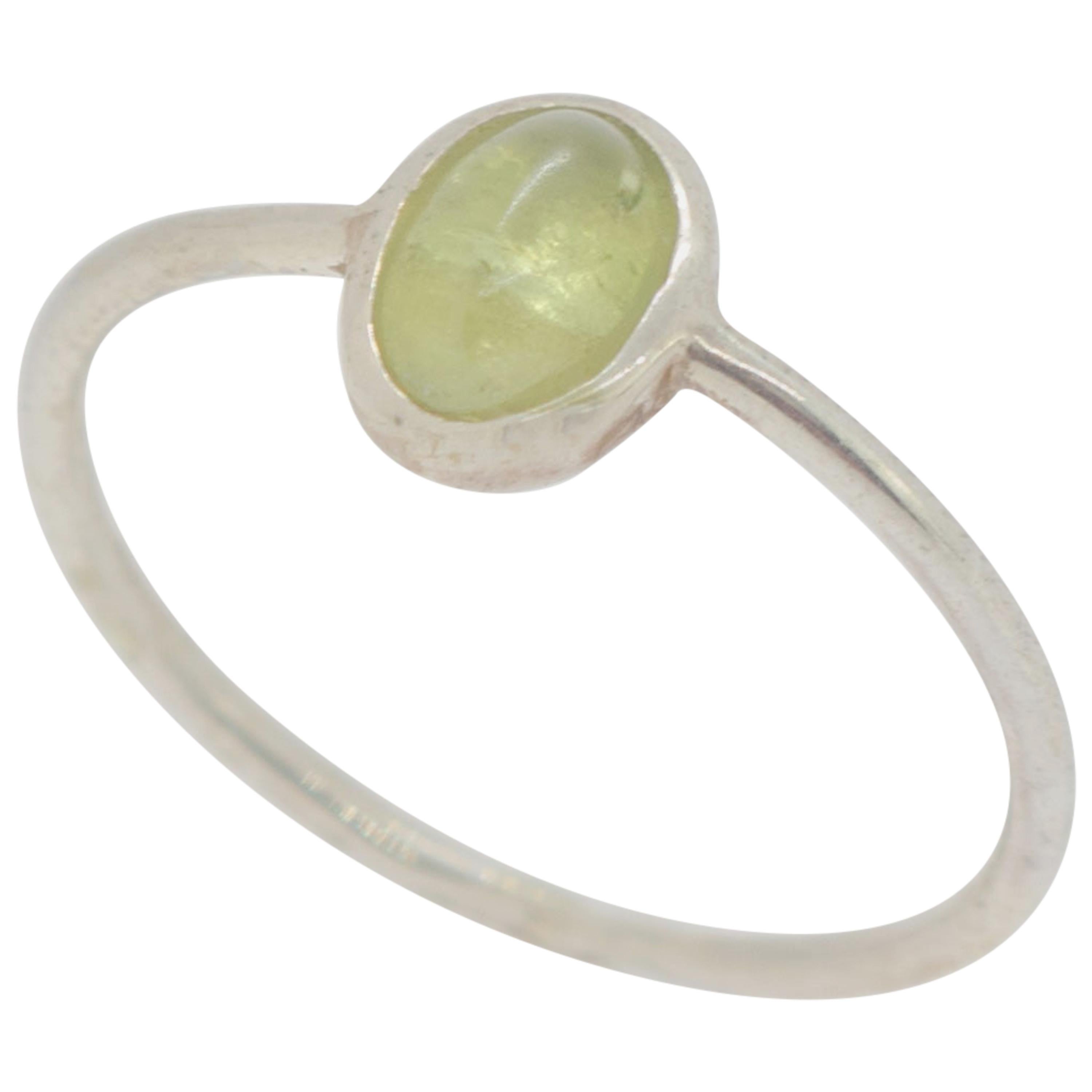 Natural Green Tourmaline Solitaire Oval Cabochon Sterling Silver Cocktail Ring