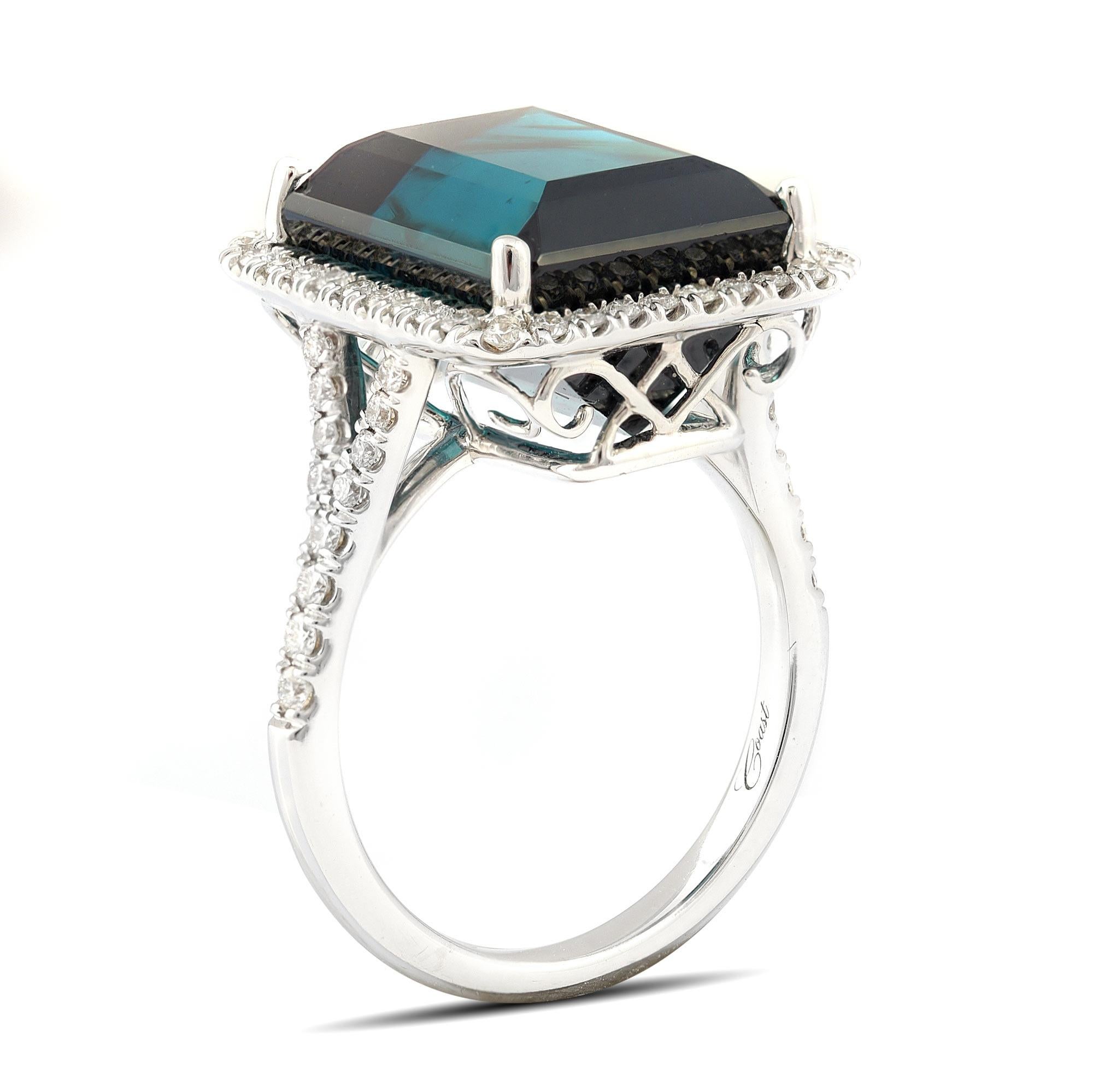 Mixed Cut Natural Green Tourmaline Stone 11.92 cts in 14K White Gold Ring with Diamonds For Sale