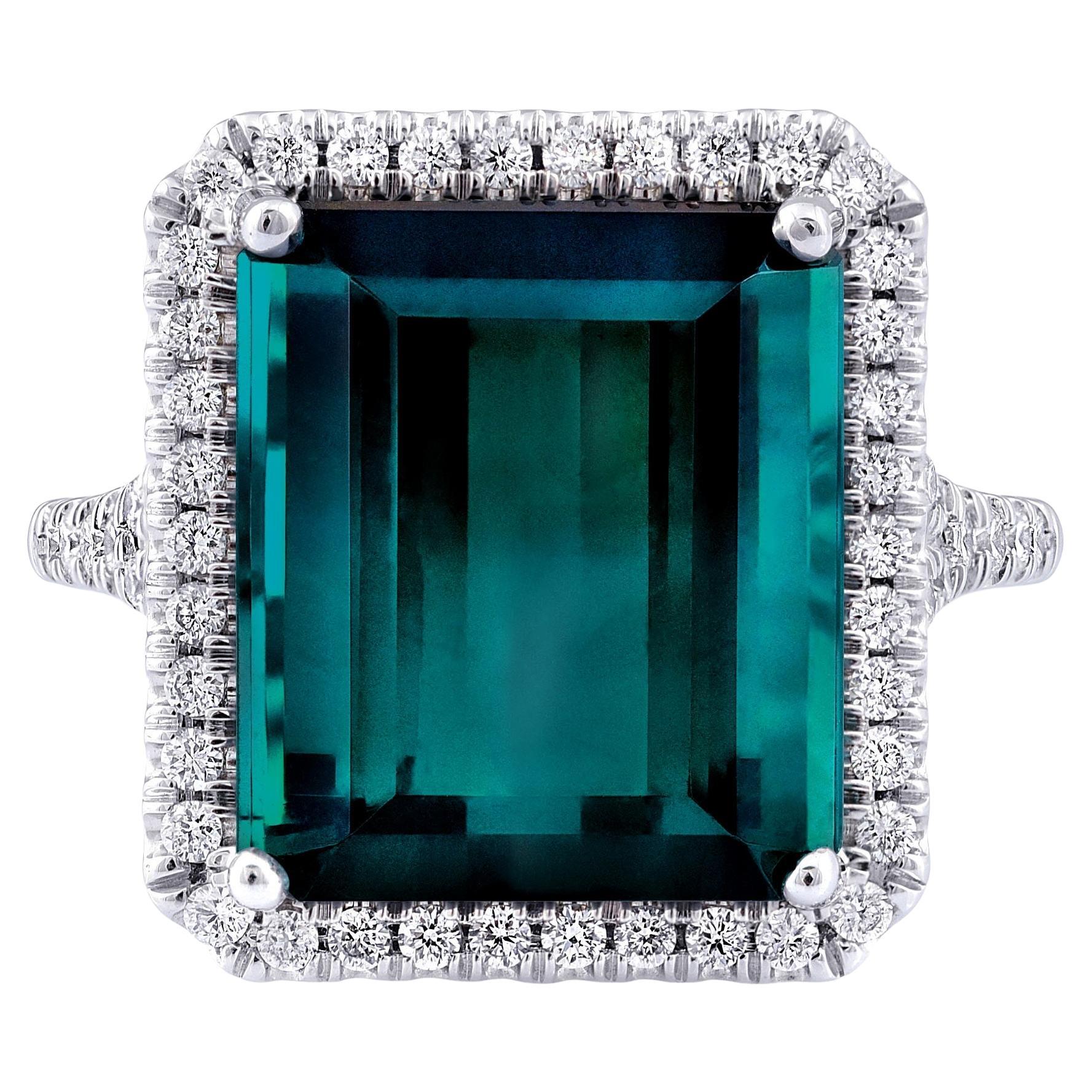 Natural Green Tourmaline Stone 11.92 cts in 14K White Gold Ring with Diamonds