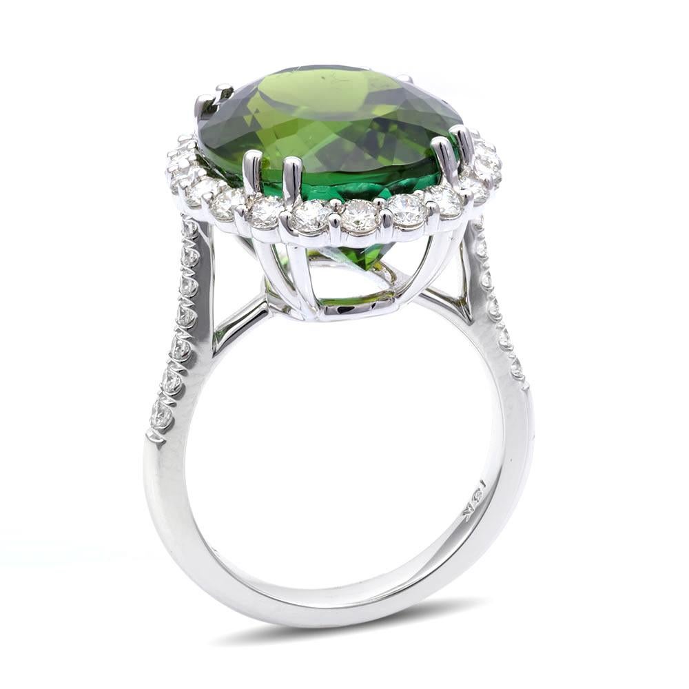 Mixed Cut Natural Green Tourmaline Stone 11.96 cts in 18K White Gold Ring with Diamonds For Sale